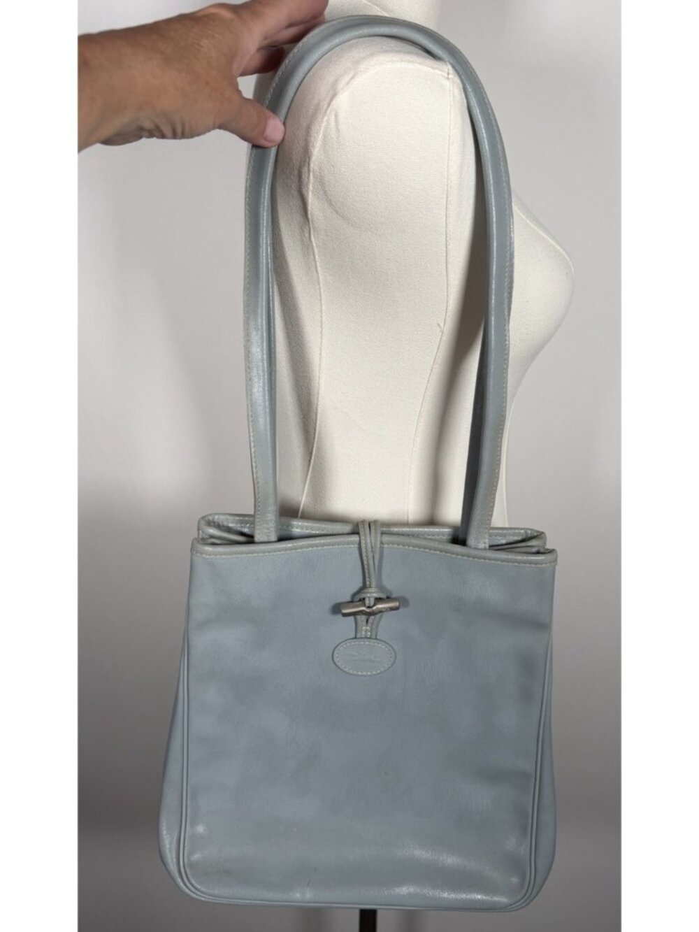 Vintage 90s Longchamp light blue leather double handle shoulder bag preppy - Picture 6 of 16
